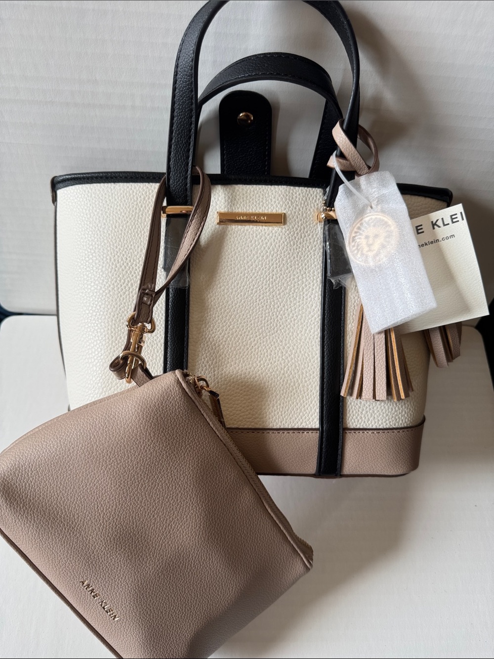 Anne Klein Two-Tone Ivory, Black & Taupe Tote with Removable Pouch